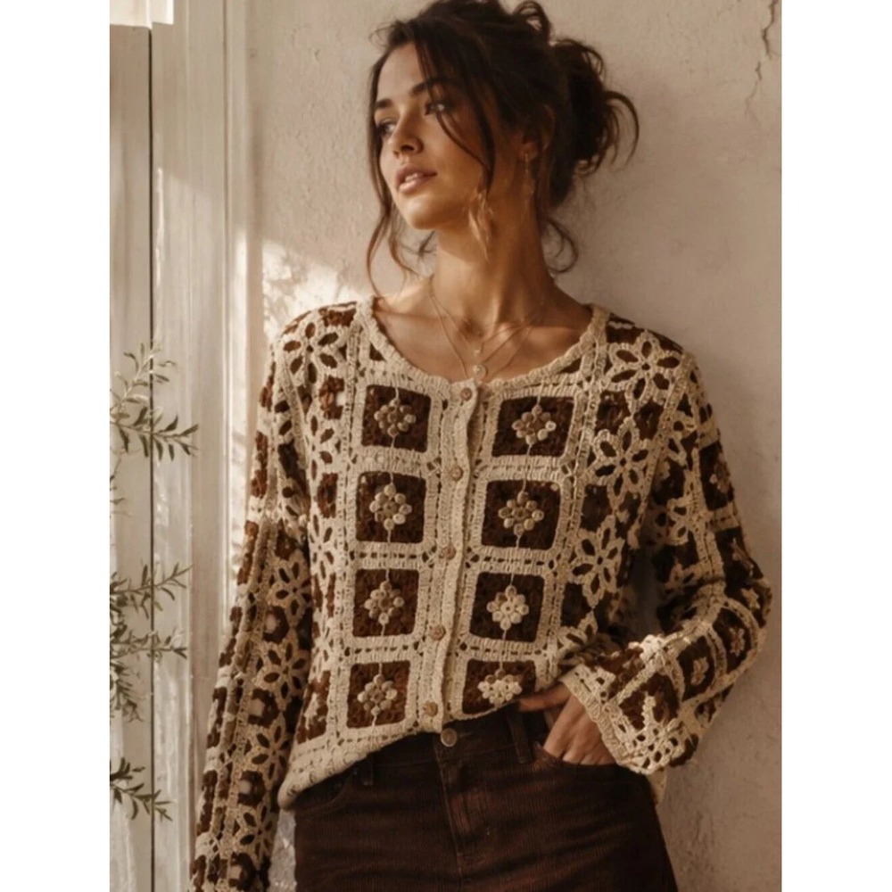 Vintage Inspired Crochet Floral Cardigan Brown Cream Granny Core Boho Medium